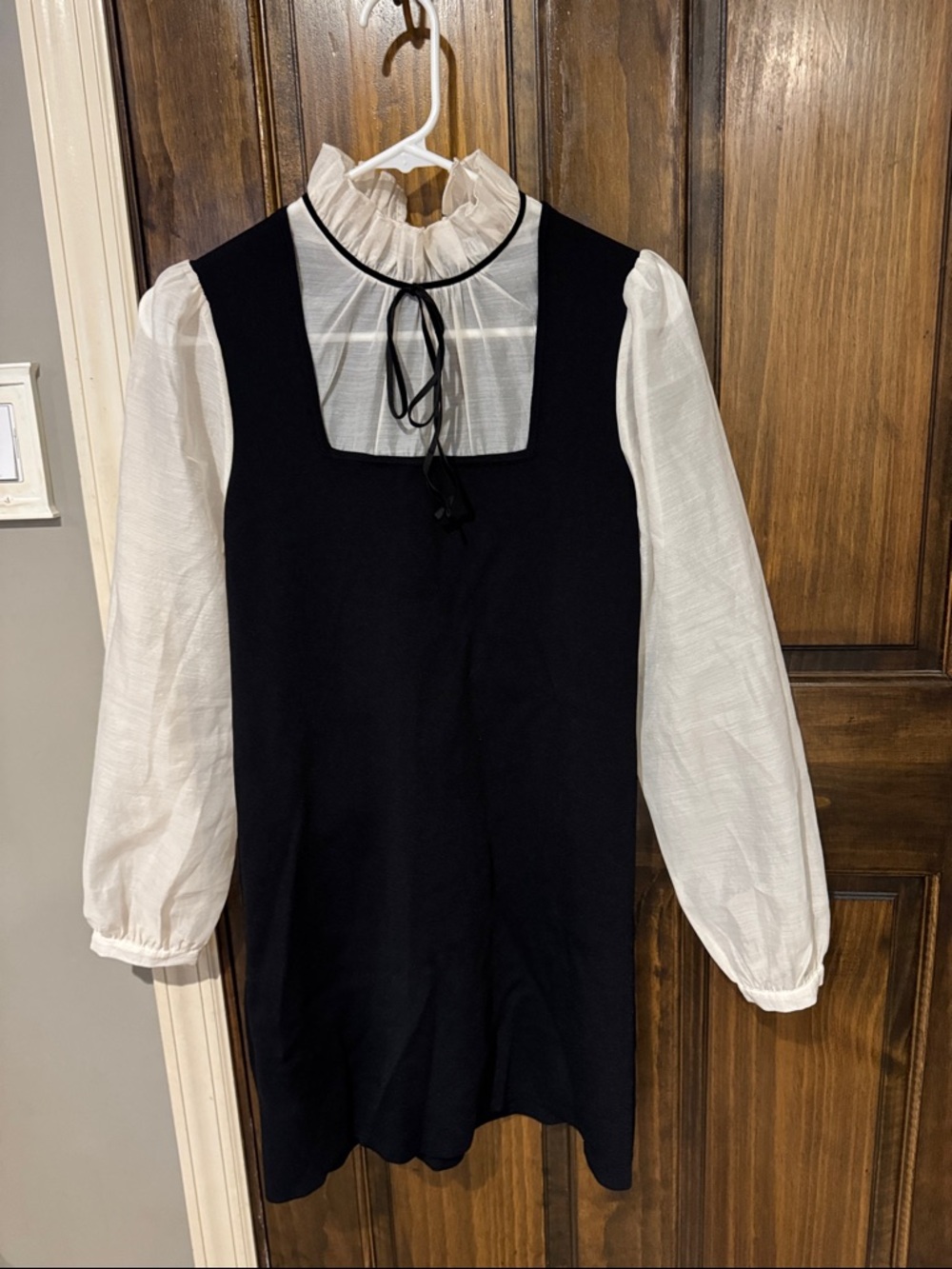 Zara Black and White Ruffled Neck Long Sleeve Dress
